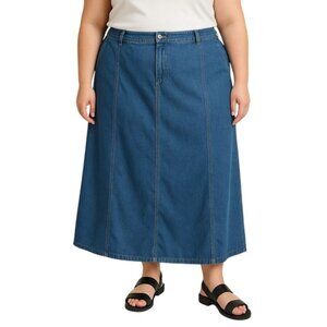 Eddie Bauer Blue Denim Plus Size 16 Midi Skirt Side & Back Pockets Back Split